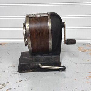 Vintage Boston Hand Crank Pencil Sharpener with faux wood grain: 8 hole
